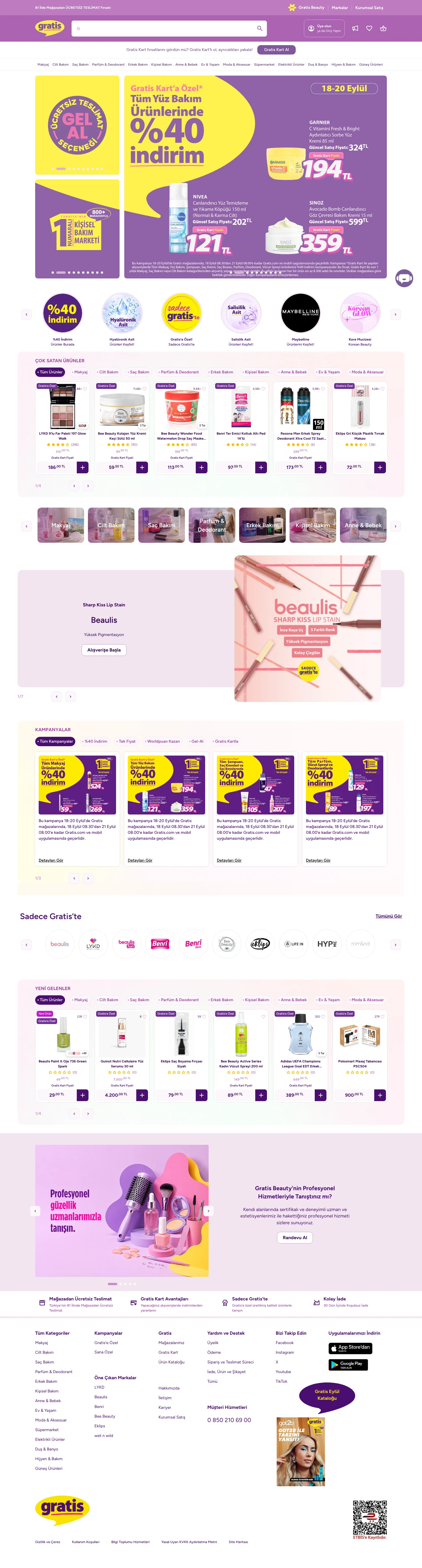 Full Gratis home page, from the shop navigation and offers to products and the footer