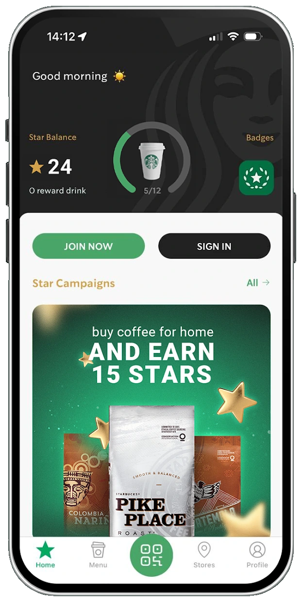 Official Starbucks Kazakhstan app showing the full phone, rewards and home screen